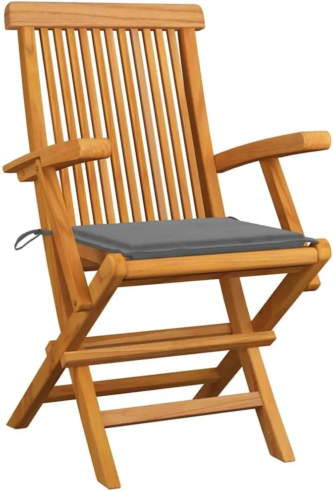 Solid Teak Wood Patio Chairs with Gray Cushions 2-Piece Set, Foldable Outdoor Furniture for Garden Terrace Poolside, Lightweight Wooden Lounge Chairs with Weather-Resistant Design