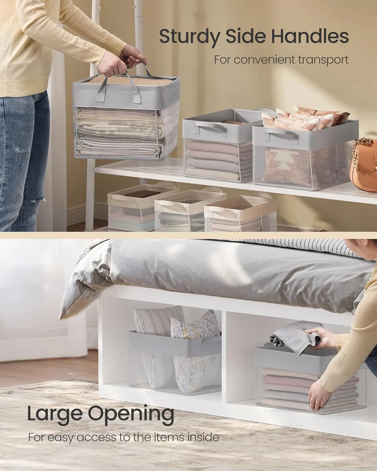 SONGMICS Storage Bins Set of 3, Medium Fabric Storage Baskets, Foldable Organizer with Transparent Nylon Mesh, 15.7 x 11.8 x 9.8 Inches, Handles, for Bedroom, Living Room, Dove Gray URFB940G01