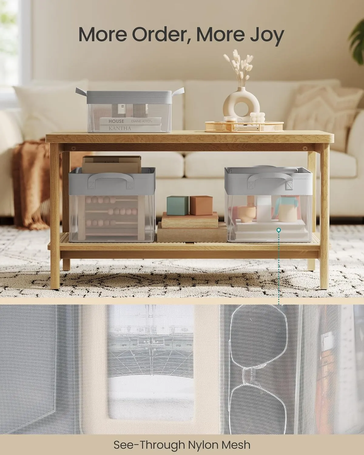 SONGMICS Storage Bins Set of 3, Medium Fabric Storage Baskets, Foldable Organizer with Transparent Nylon Mesh, 15.7 x 11.8 x 9.8 Inches, Handles, for Bedroom, Living Room, Dove Gray URFB940G01