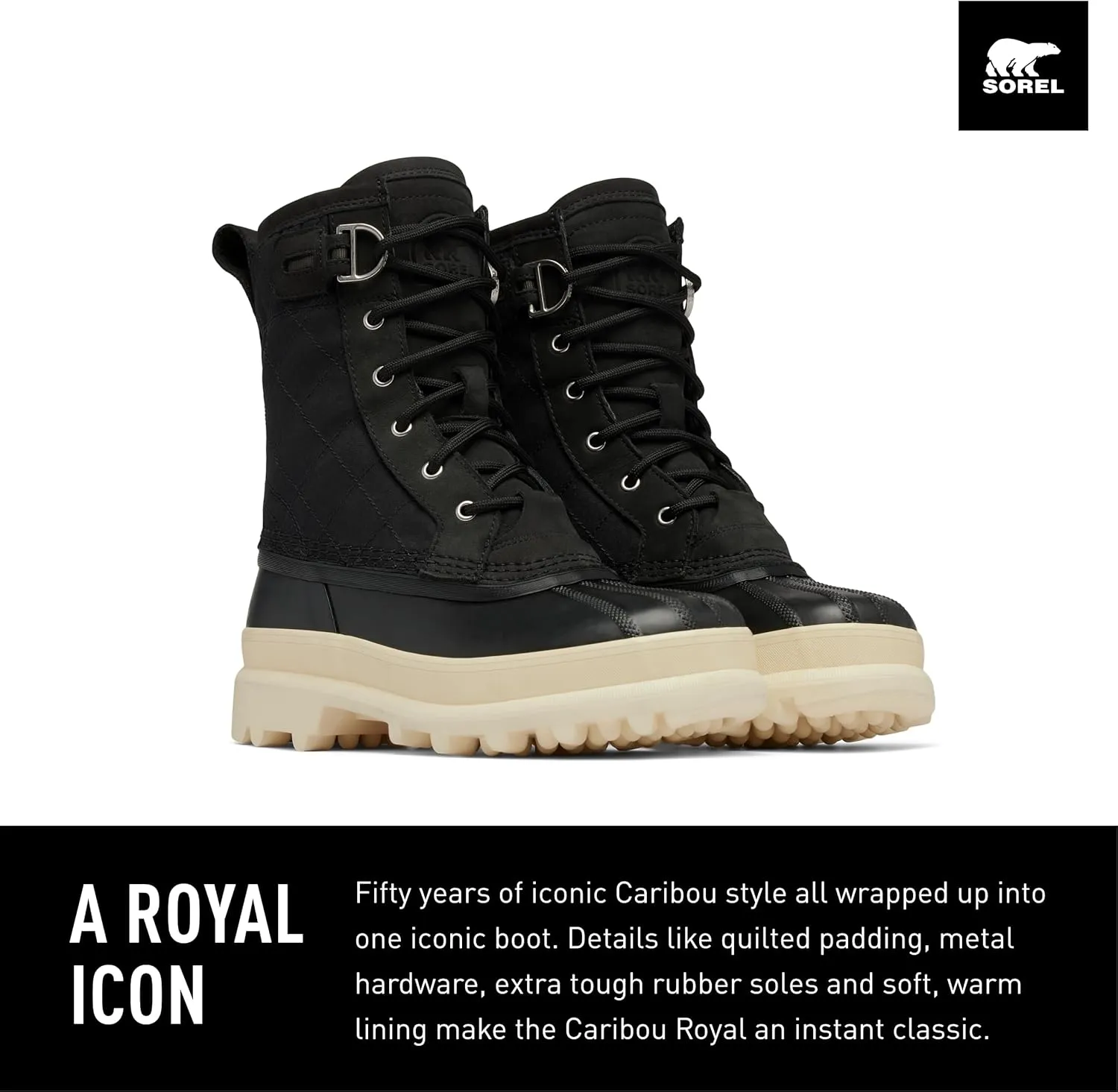 SOREL Women's Caribou Royal Waterproof Boot - Black, Chalk - 10