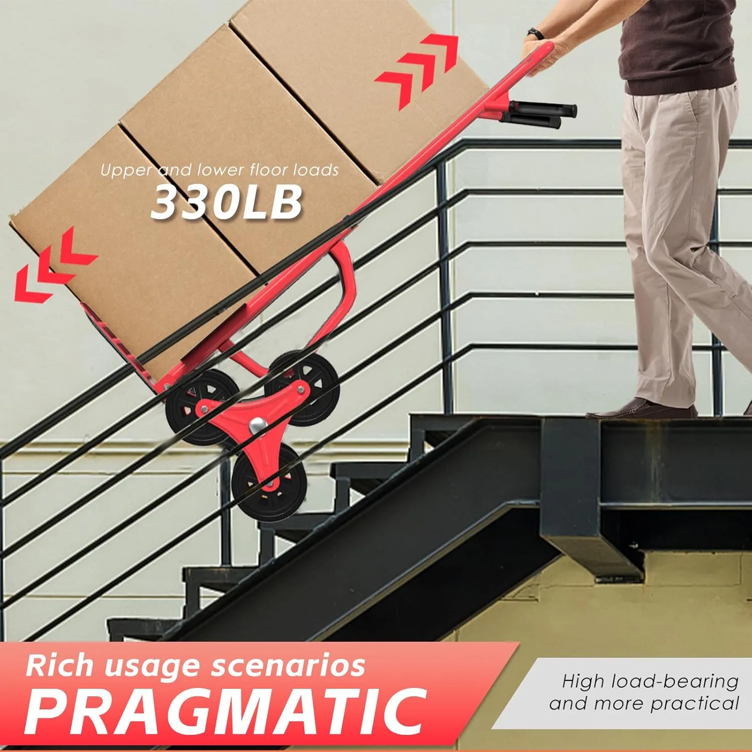 Stair Climbing Hand Truck 440lb，Heavy Duty Dolly Cart for Stairs，Thickened Upgraded Steel Tube Folding Stair Climbing Trolley with Six Wheels and Telescoping Handle