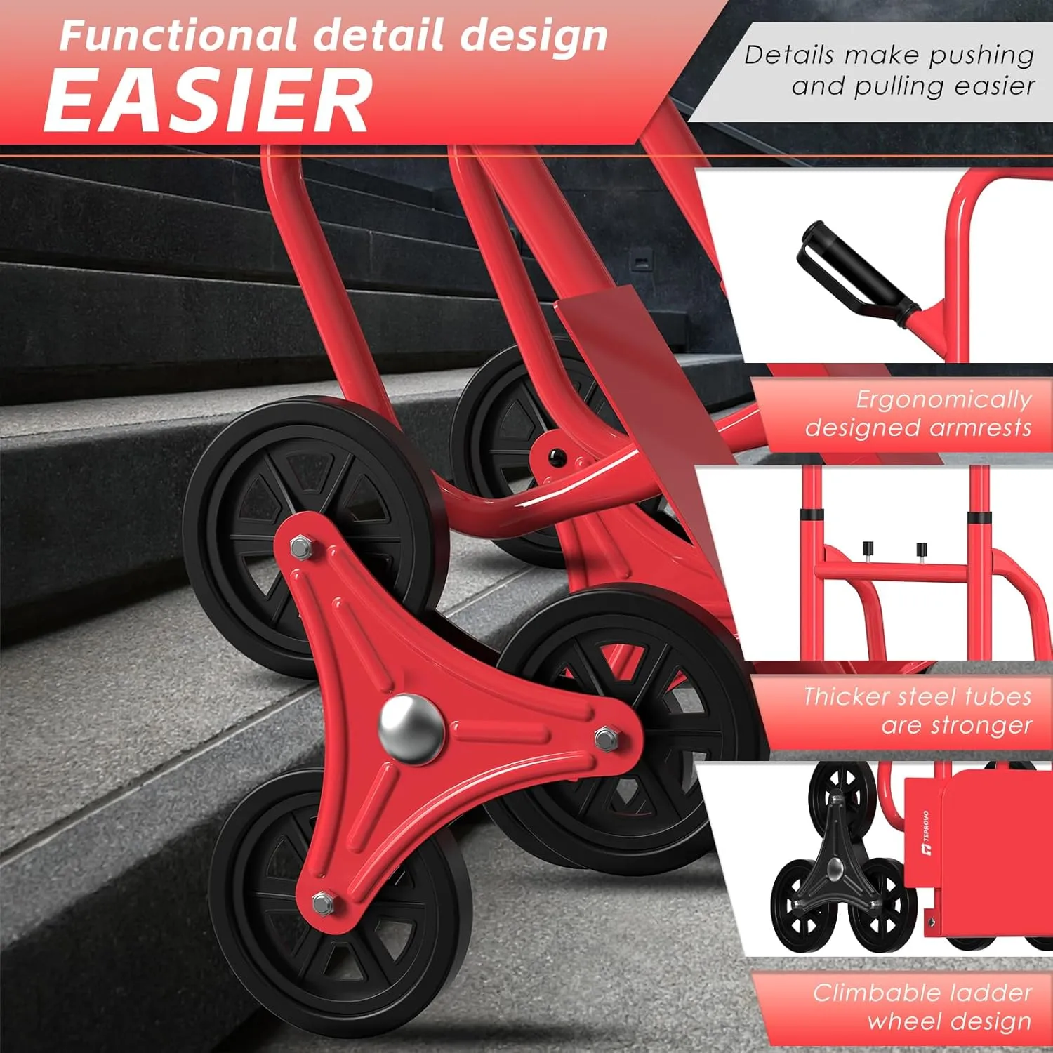 Stair Climbing Hand Truck 440lb，Heavy Duty Dolly Cart for Stairs，Thickened Upgraded Steel Tube Folding Stair Climbing Trolley with Six Wheels and Telescoping Handle
