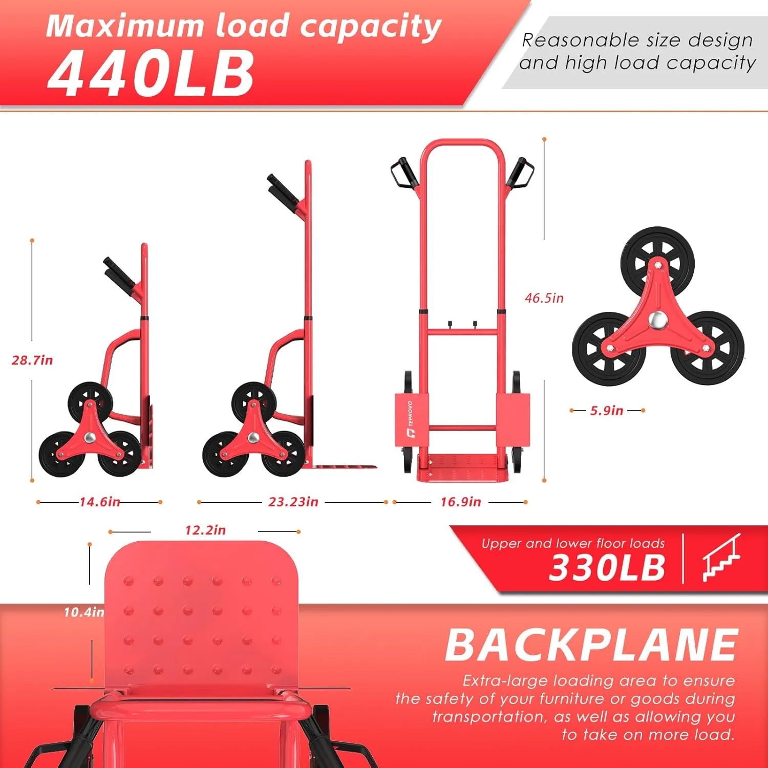 Stair Climbing Hand Truck 440lb，Heavy Duty Dolly Cart for Stairs，Thickened Upgraded Steel Tube Folding Stair Climbing Trolley with Six Wheels and Telescoping Handle