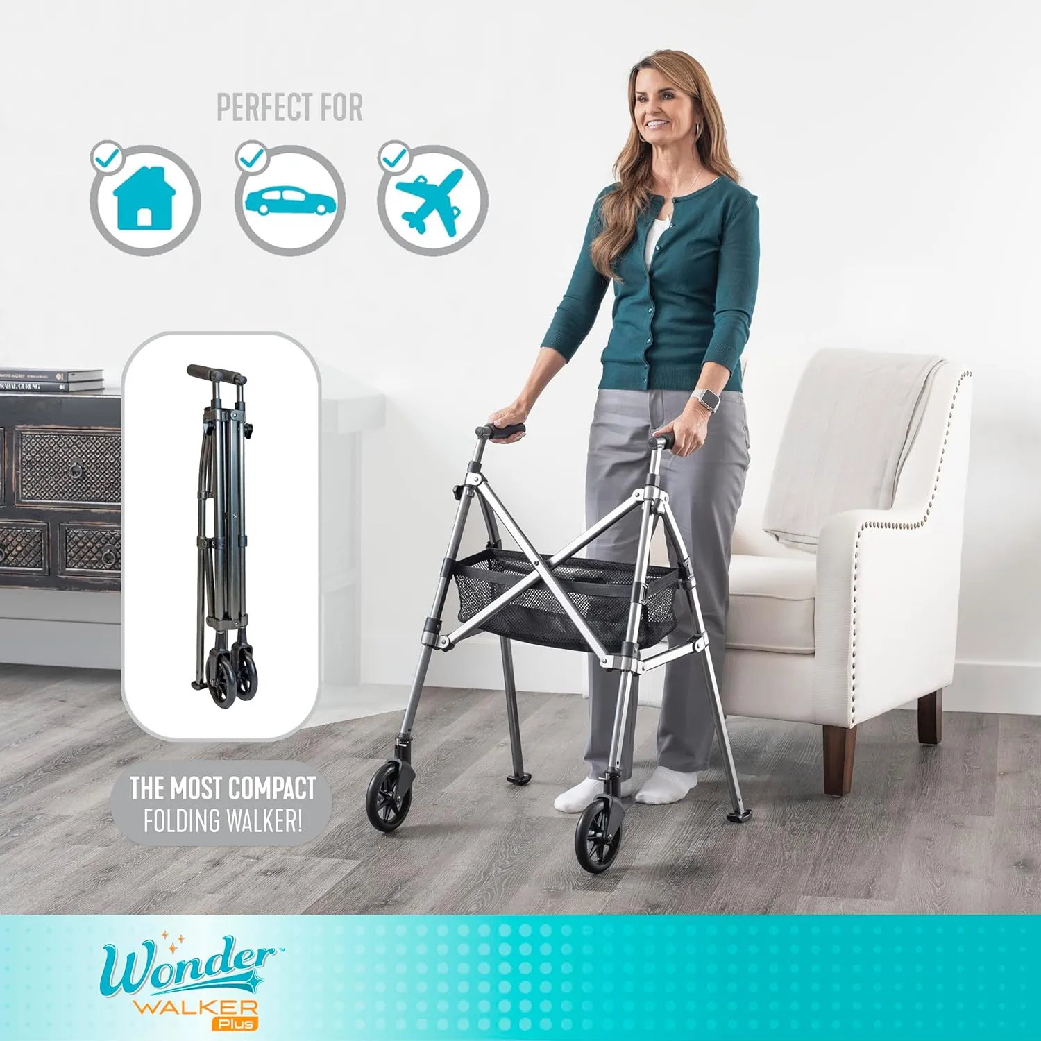 Stander EZ Fold-N-Go Walker, Lightweight Folding Mobility Rolling Walker for Seniors and Adults, 6-inch Wheels, Ski Glides, and Organizer Pouch, Regal Rose, 1 Count