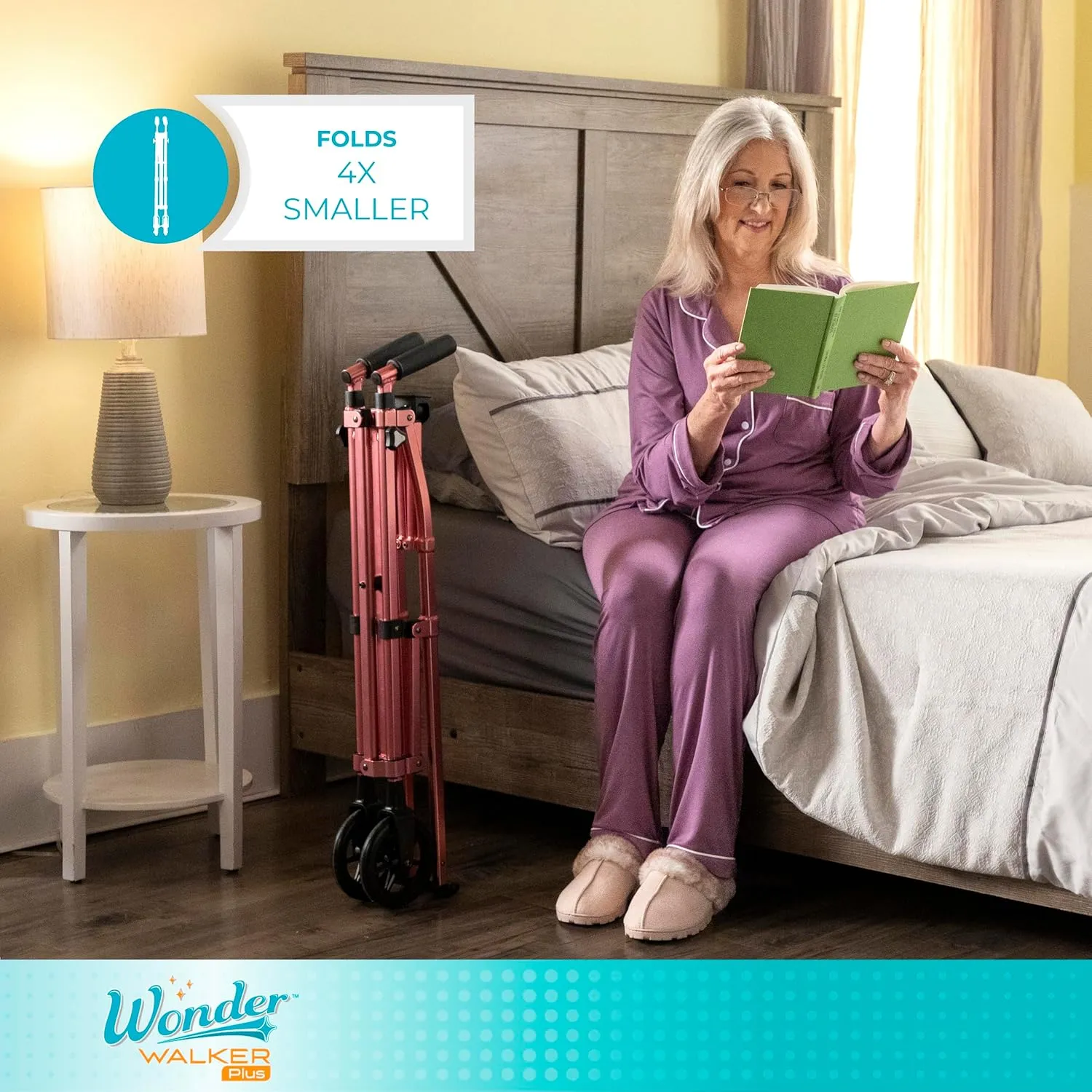 Stander EZ Fold-N-Go Walker, Lightweight Folding Mobility Rolling Walker for Seniors and Adults, 6-inch Wheels, Ski Glides, and Organizer Pouch, Regal Rose, 1 Count