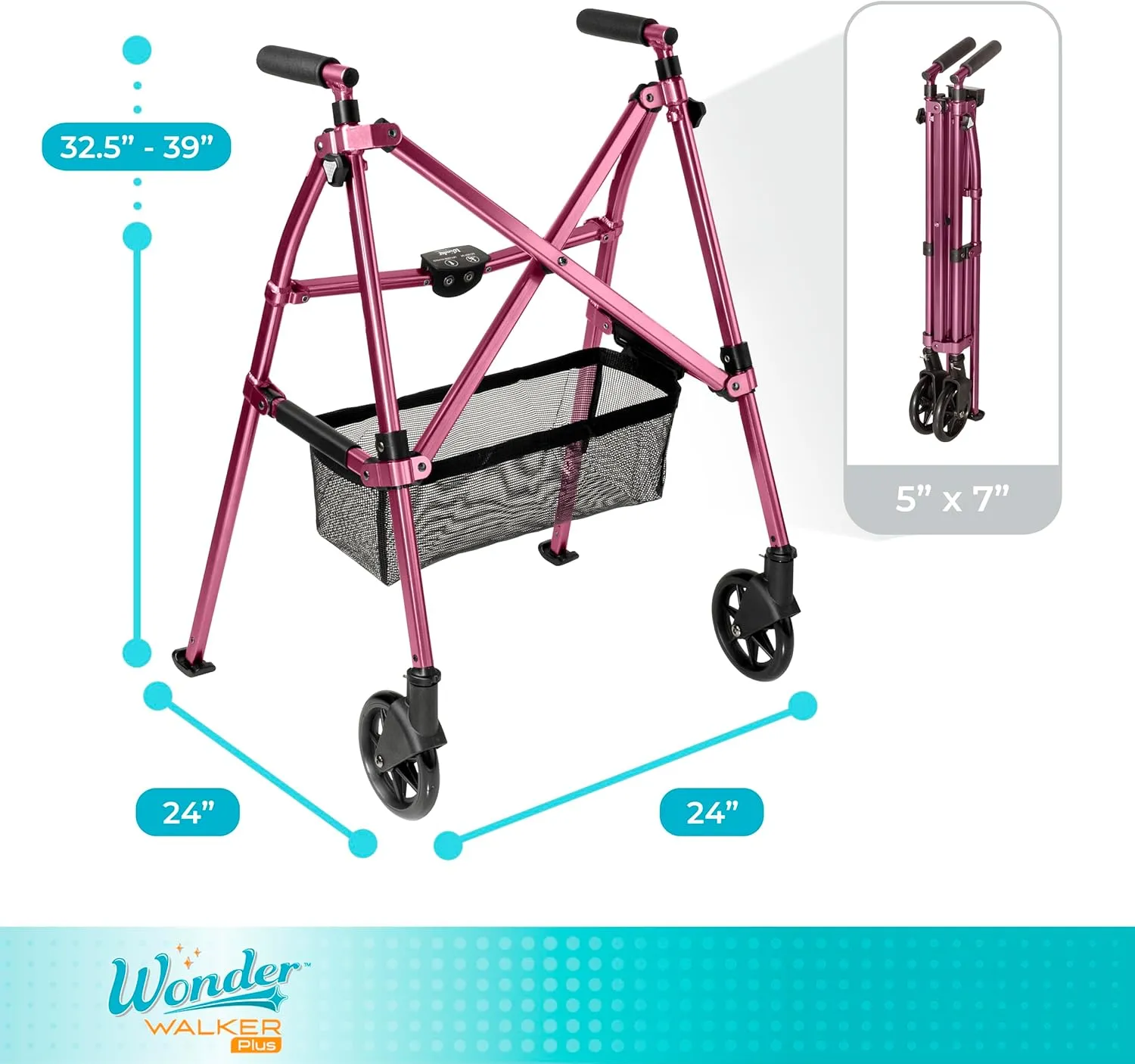 Stander EZ Fold-N-Go Walker, Lightweight Folding Mobility Rolling Walker for Seniors and Adults, 6-inch Wheels, Ski Glides, and Organizer Pouch, Regal Rose, 1 Count