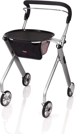 Stander Let’s Go Indoor Rollator, Lightweight Four Wheel Euro Style Walker with Tray, Folding Mobility Aid for Seniors by Trust Care, Silver