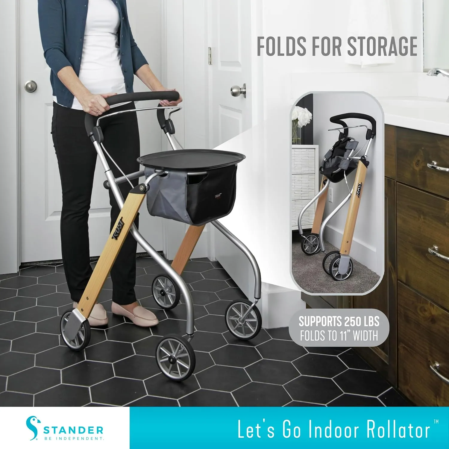 Stander Let’s Go Indoor Rollator, Lightweight Four Wheel Euro Style Walker with Tray, Folding Mobility Aid for Seniors by Trust Care, Silver