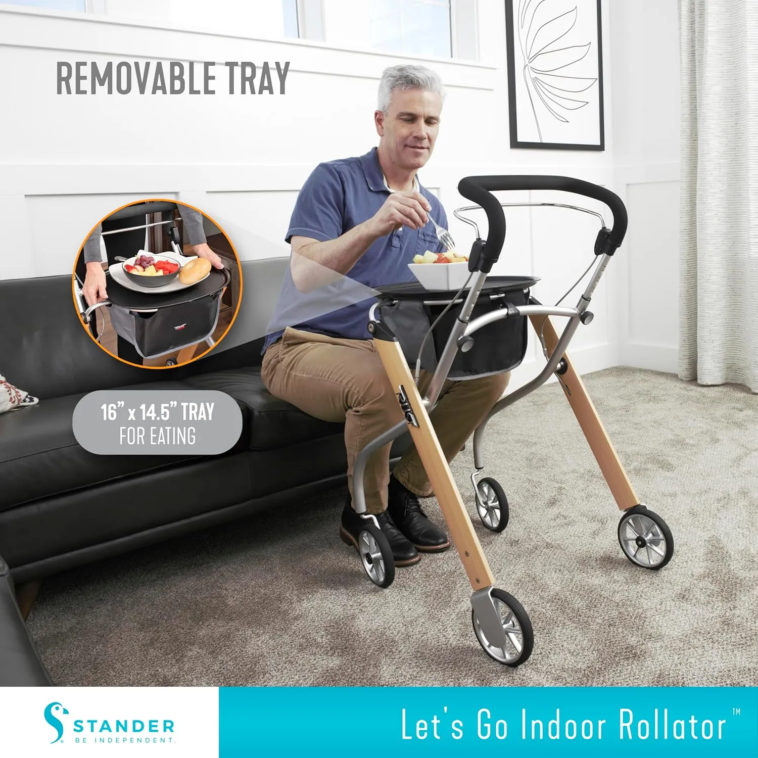 Stander Let’s Go Indoor Rollator, Lightweight Four Wheel Euro Style Walker with Tray, Folding Mobility Aid for Seniors by Trust Care, Silver
