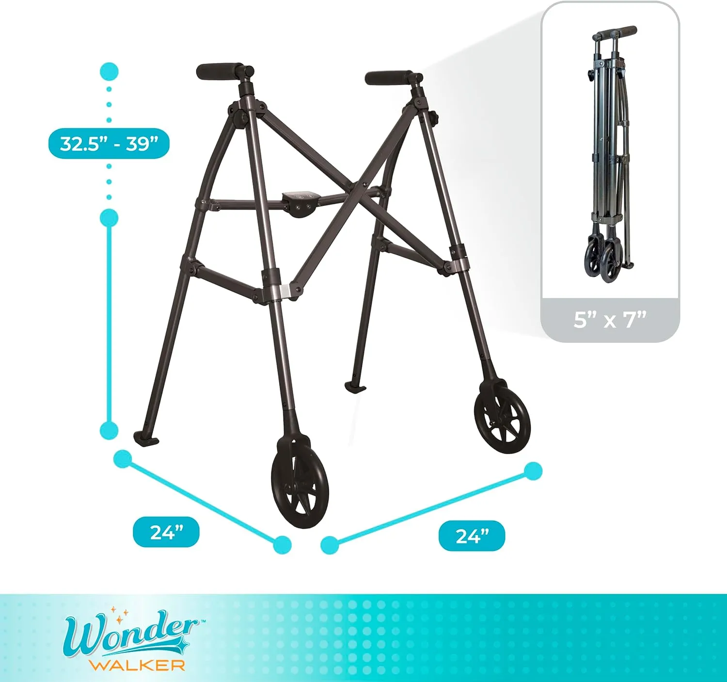 Stander Wonder Walker, Lightweight Foldable Space Saver Rolling Walker for Adults, Seniors, and Elderly, Compact Travel Walker with 6-inch Wheels and Ski Glides for Mobility Support, Black Walnut