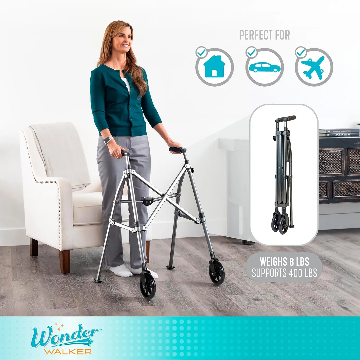 Stander Wonder Walker, Lightweight Foldable Space Saver Rolling Walker for Adults, Seniors, and Elderly, Compact Travel Walker with 6-inch Wheels and Ski Glides for Mobility Support, Black Walnut