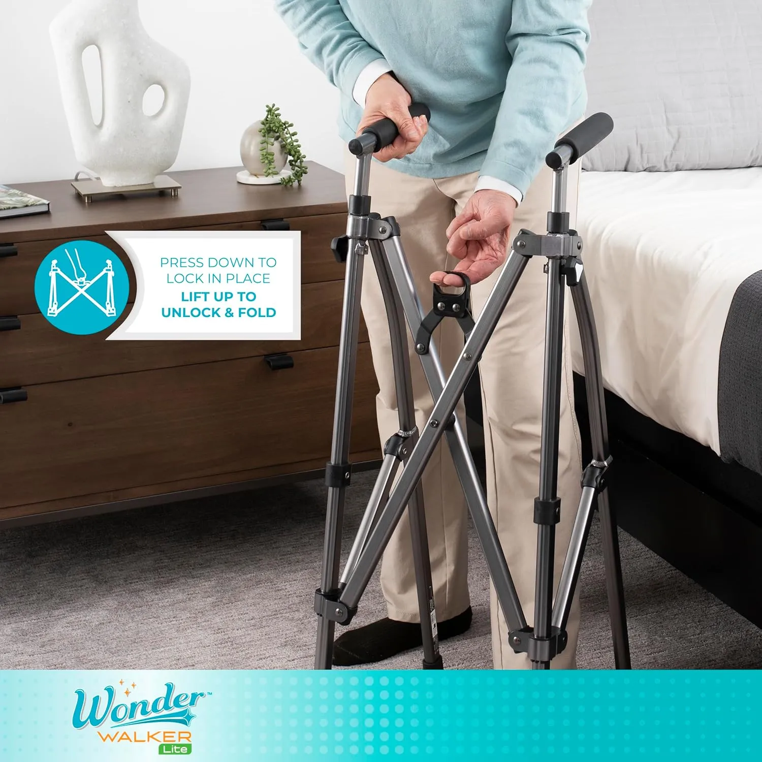Stander Wonder Walker Lite, Lightweight Folding-Walker for Adults, Seniors, and Elderly, Collapsible Travel-Walker for Mobility Support, Compact Standard-Walker Without Wheels, Desert Sand