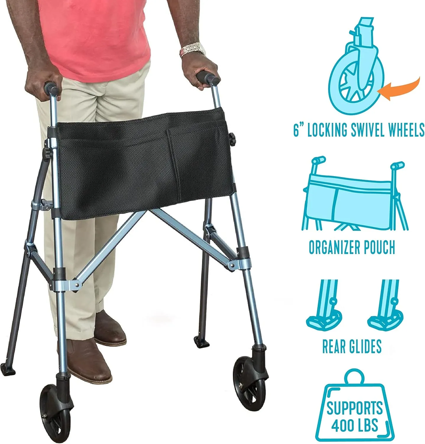 Stander Wonder Walker Plus, Lightweight Folding Rolling-Walker for Adults, Seniors, Elderly, Collapsable Travel EZ Fold-N-Go-Walker with Wheels, Glides, & Pouch, Compact Standard-Walker, Desert Sand