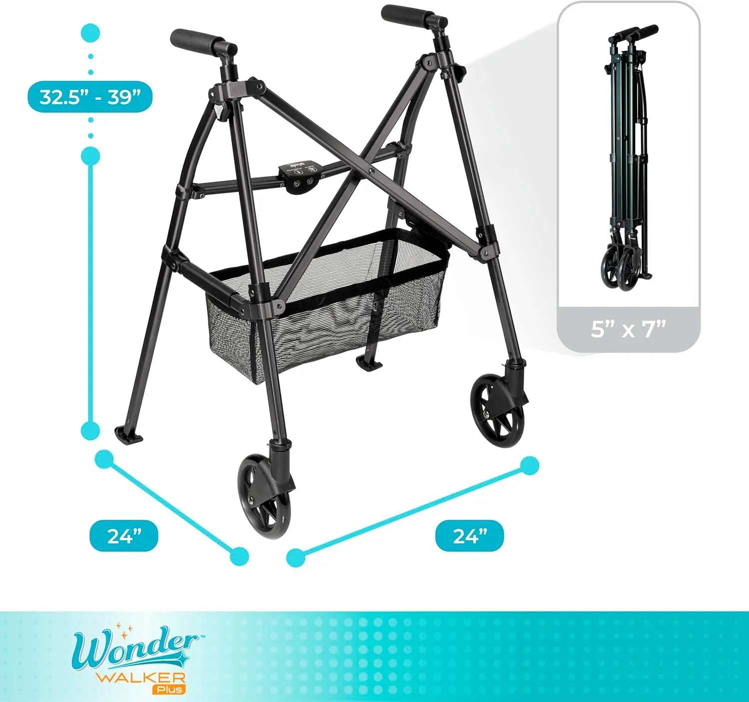 Stander Wonder Walker Plus, Lightweight Folding Rolling-Walker for Adults, Seniors, Elderly, Collapsable Travel EZ Fold-N-Go-Walker with Wheels, Glides, & Pouch, Compact Standard-Walker, Matte Black