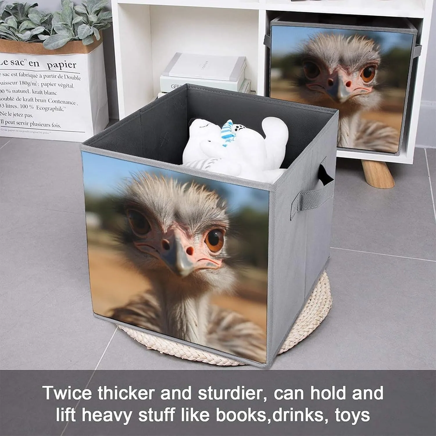 Storage Bin Sets 2PCS Cute Ostrich Storage Cube Storage Basket with Handle Foldable Storage Box Collapsible Closet Organizer Bin Shelf Baskets for Bedroom Clothing