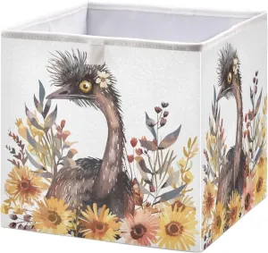 Storage Bins Ostrich Flowers Watercolor for Organizing, Fabric Storage Basket, Foldable Organizer Cubes Square