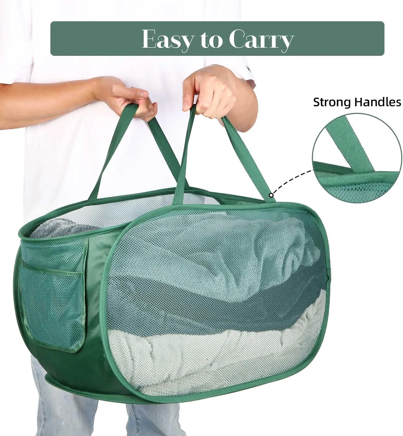 Sturdy Mesh Pop Up Laundry Hamper, Collapsible Laundry Baskets with Side Pocket, Foldable Clothes Hamper with Reinforced Carry Handles for Laundry, Bathroom, Kids Room, Dorm or Travel 2 Pack Emerald