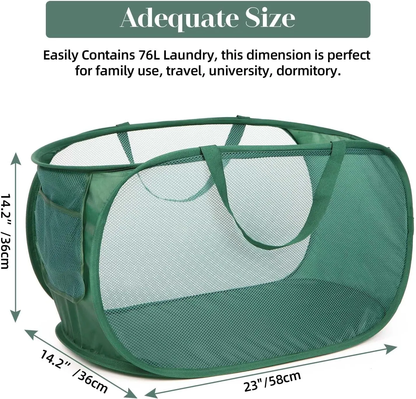Sturdy Mesh Pop Up Laundry Hamper, Collapsible Laundry Baskets with Side Pocket, Foldable Clothes Hamper with Reinforced Carry Handles for Laundry, Bathroom, Kids Room, Dorm or Travel 2 Pack Emerald