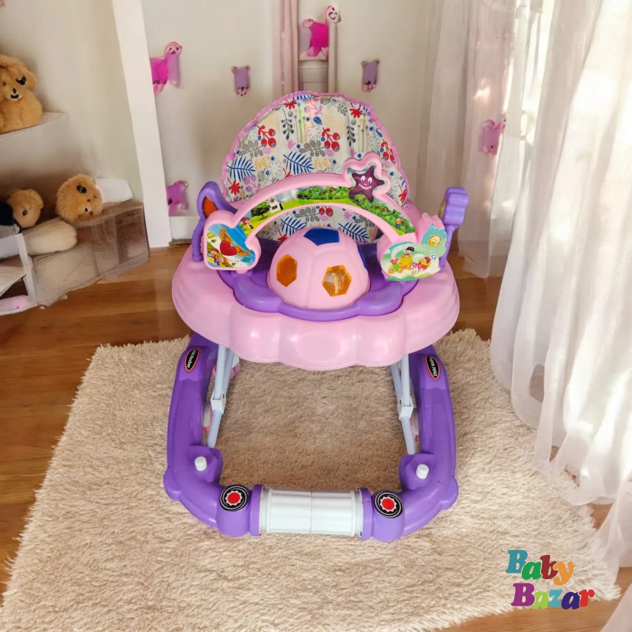 Stylish Delightful Pink And Purple Color Baby Walker With Rattles Adjustable With Musical Toy Bar