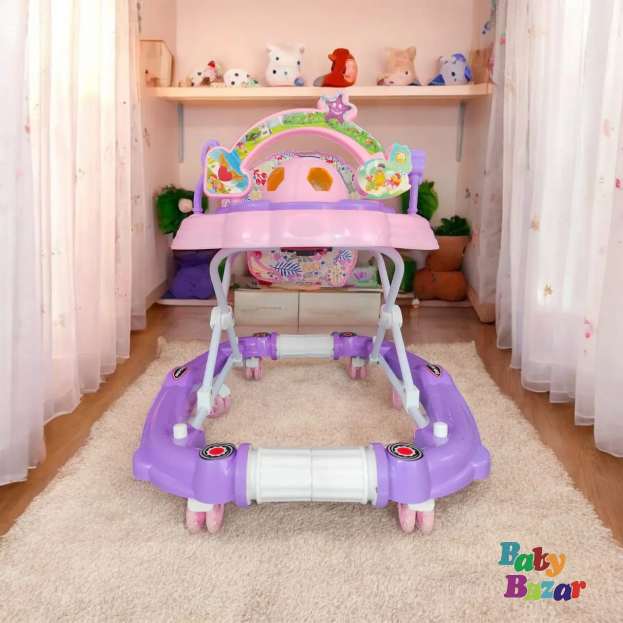 Stylish Delightful Pink And Purple Color Baby Walker With Rattles Adjustable With Musical Toy Bar