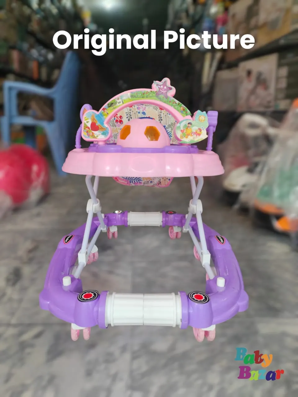 Stylish Delightful Pink And Purple Color Baby Walker With Rattles Adjustable With Musical Toy Bar