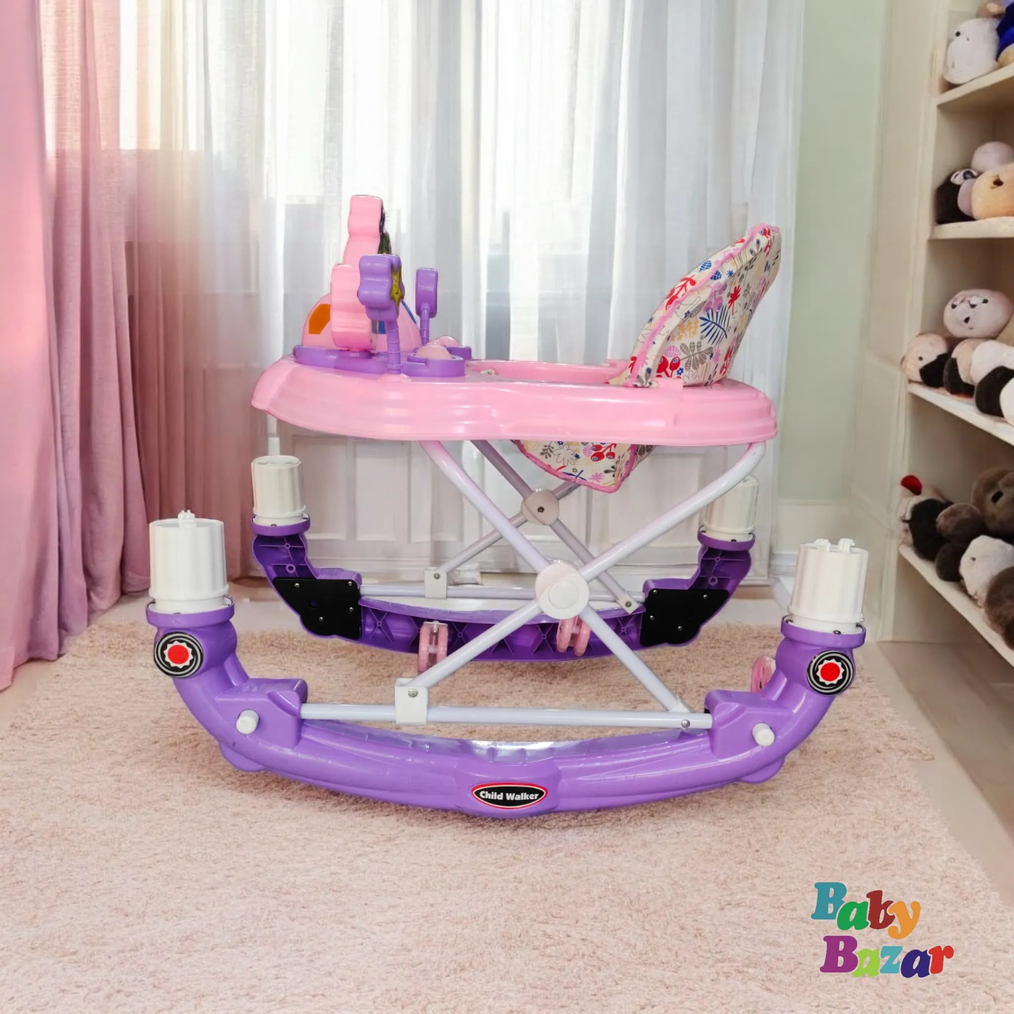 Stylish Delightful Pink And Purple Color Baby Walker With Rattles Adjustable With Musical Toy Bar