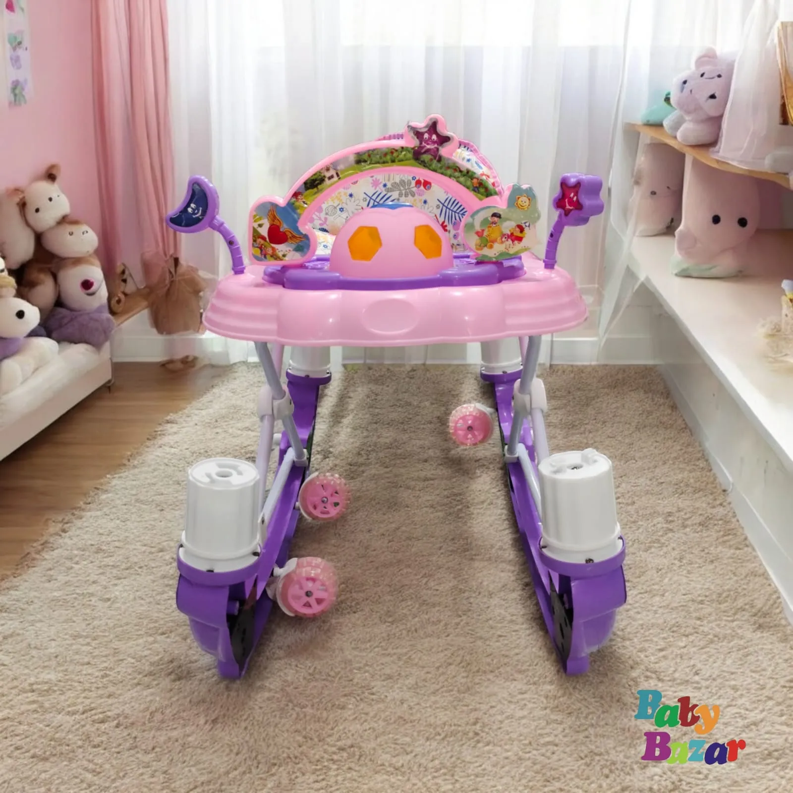 Stylish Delightful Pink And Purple Color Baby Walker With Rattles Adjustable With Musical Toy Bar