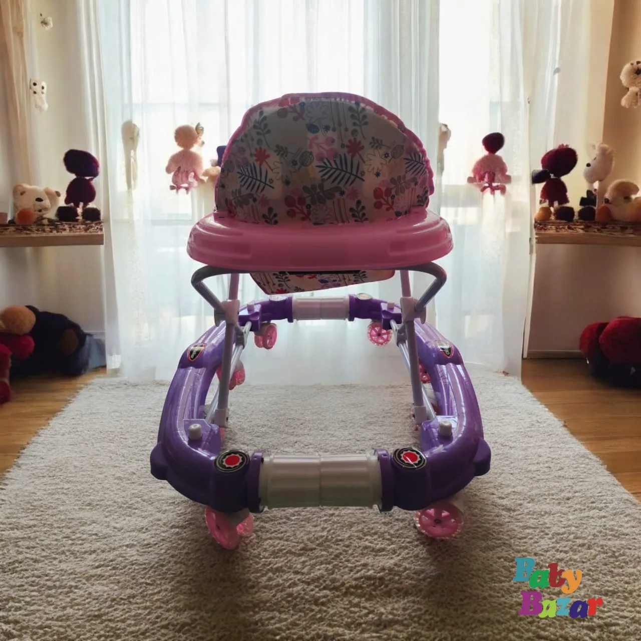 Stylish Delightful Pink And Purple Color Baby Walker With Rattles Adjustable With Musical Toy Bar