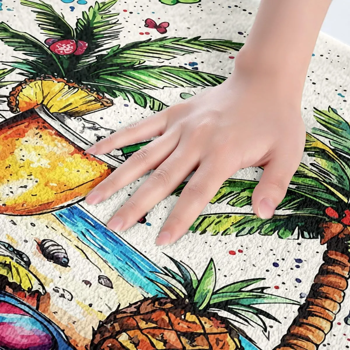 Summer Beach Super Plush Bath Mats,Hawaii Tropical Fruit Pineapple Juice Plush Carpet Mat for Bathroom,Seaside Coconut Trees Watercolor Ocean Shower Bathroom Floor,20Wx32L Inches