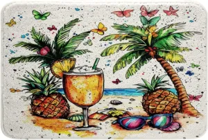 Summer Beach Super Plush Bath Mats,Hawaii Tropical Fruit Pineapple Juice Plush Carpet Mat for Bathroom,Seaside Coconut Trees Watercolor Ocean Shower Bathroom Floor,20Wx32L Inches