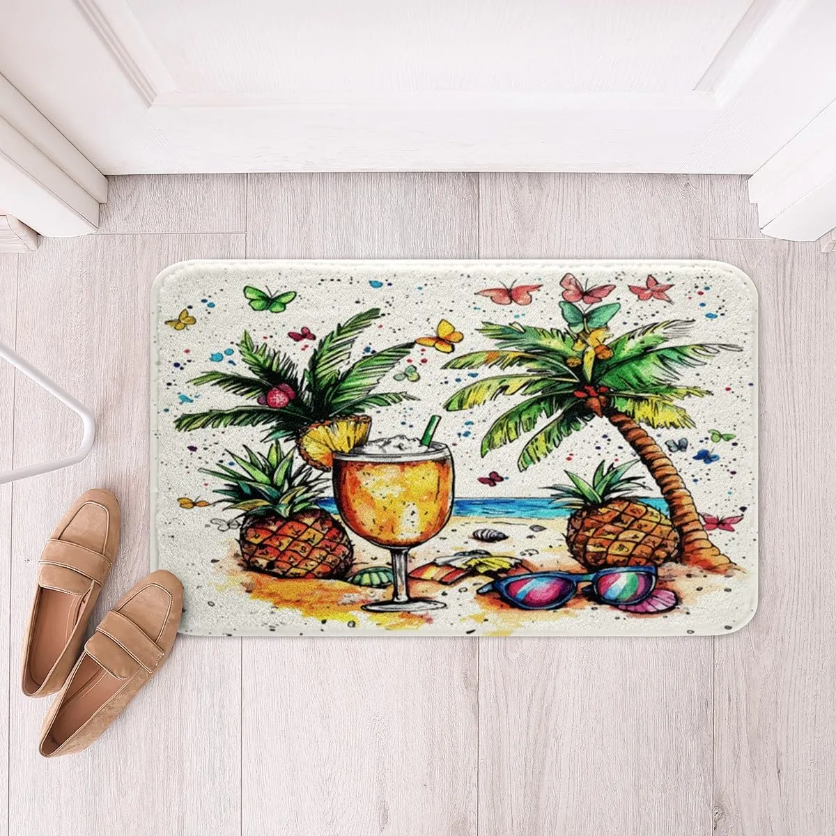 Summer Beach Super Plush Bath Mats,Hawaii Tropical Fruit Pineapple Juice Plush Carpet Mat for Bathroom,Seaside Coconut Trees Watercolor Ocean Shower Bathroom Floor,20Wx32L Inches