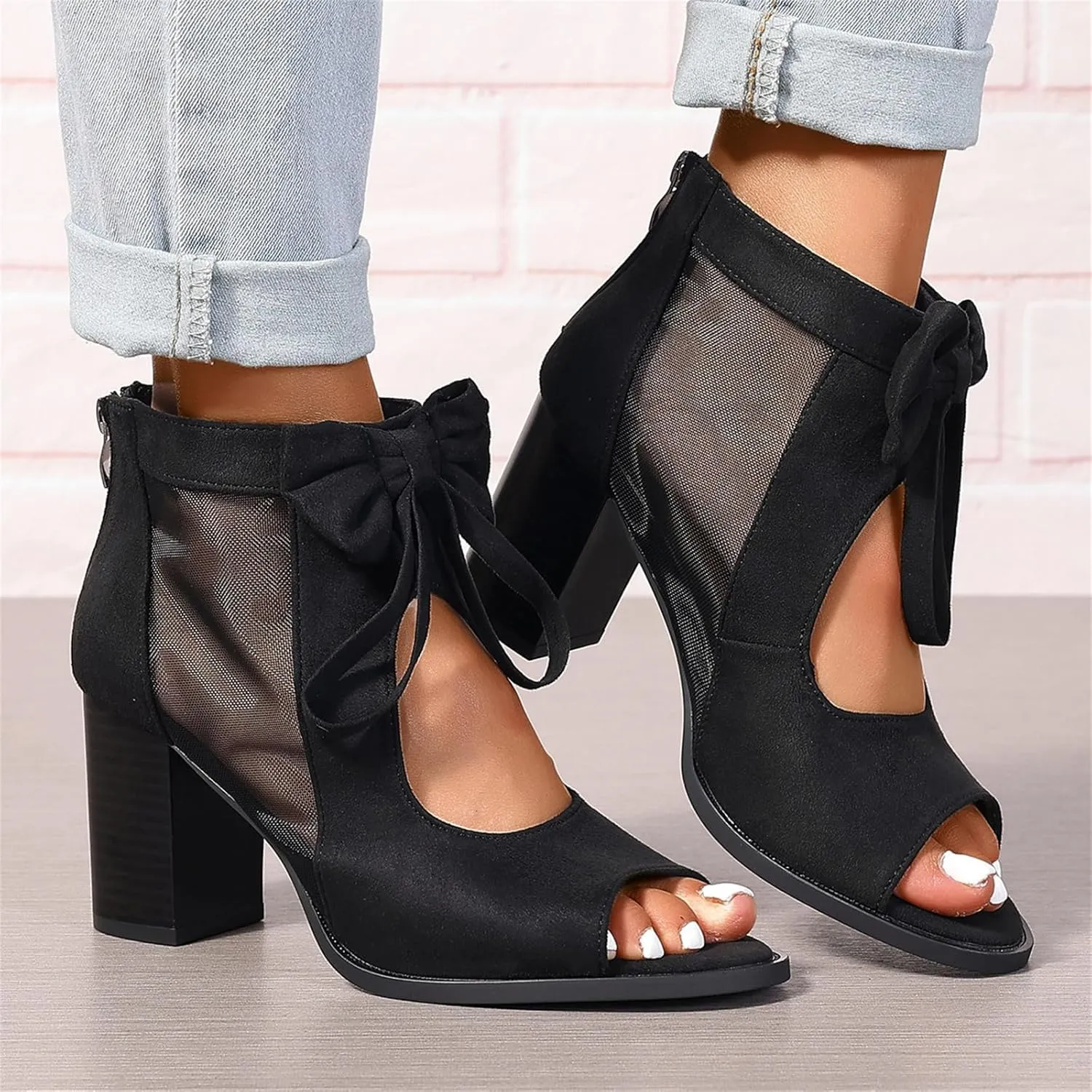 Summer Sandals for Women 2025 Ankle Strap Chunky High Heel Sandals Fashion Bow Fish Mouth Open Toe Sandal Breathable Backless Slingback Dress Shoes Comfortable Dress Booties