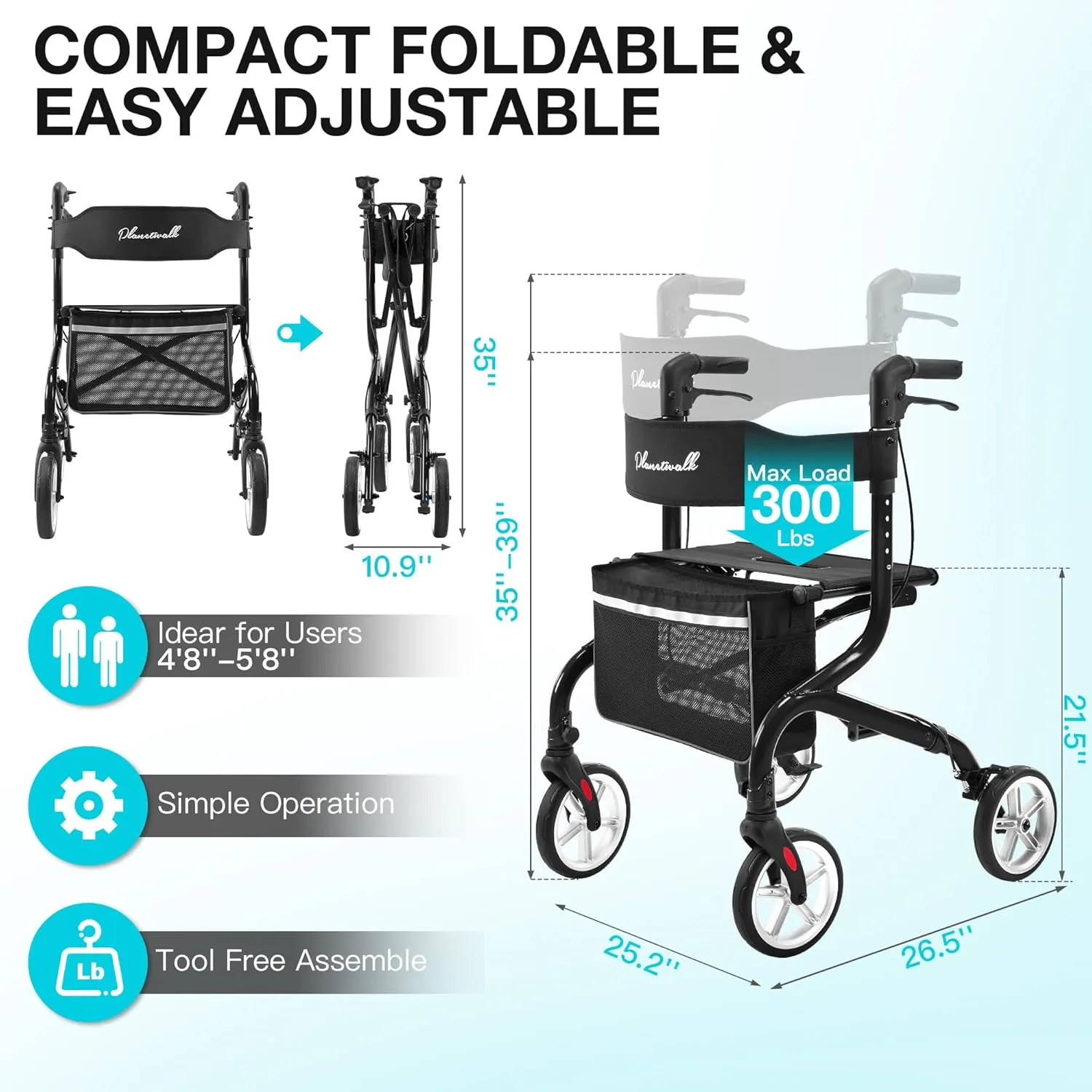 Super Lightweight Rollator Walker for Seniors, Foldable Rolling Walker with Seat and 8" Rubber Wheels for All Terrain, Unique Design Aluminium Frame Sturdy Walkers for Traveling - Black