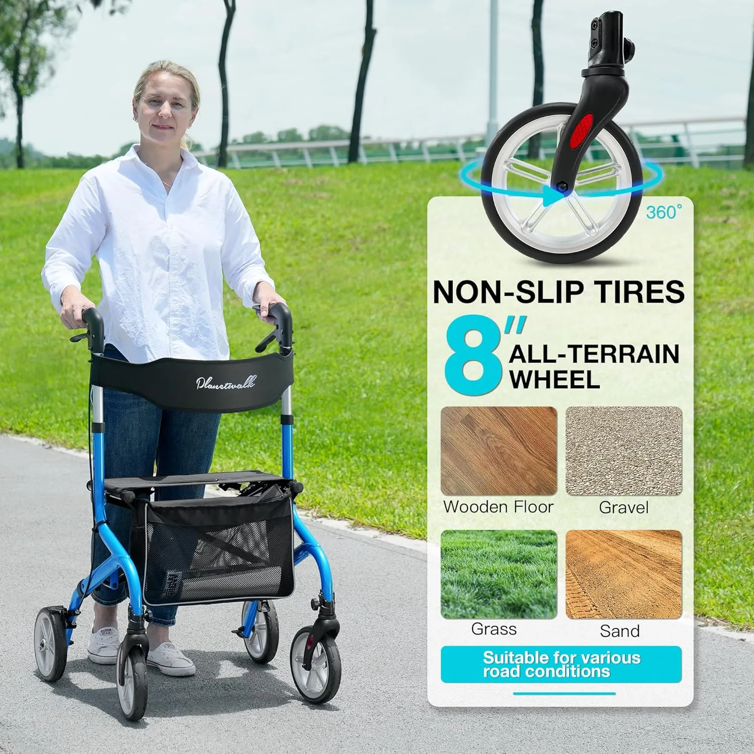 Super Lightweight Rollator Walker for Seniors, Foldable Rolling Walker with Seat and 8" Rubber Wheels for All Terrain, Unique Design Aluminium Frame Sturdy Walkers for Traveling - Blue