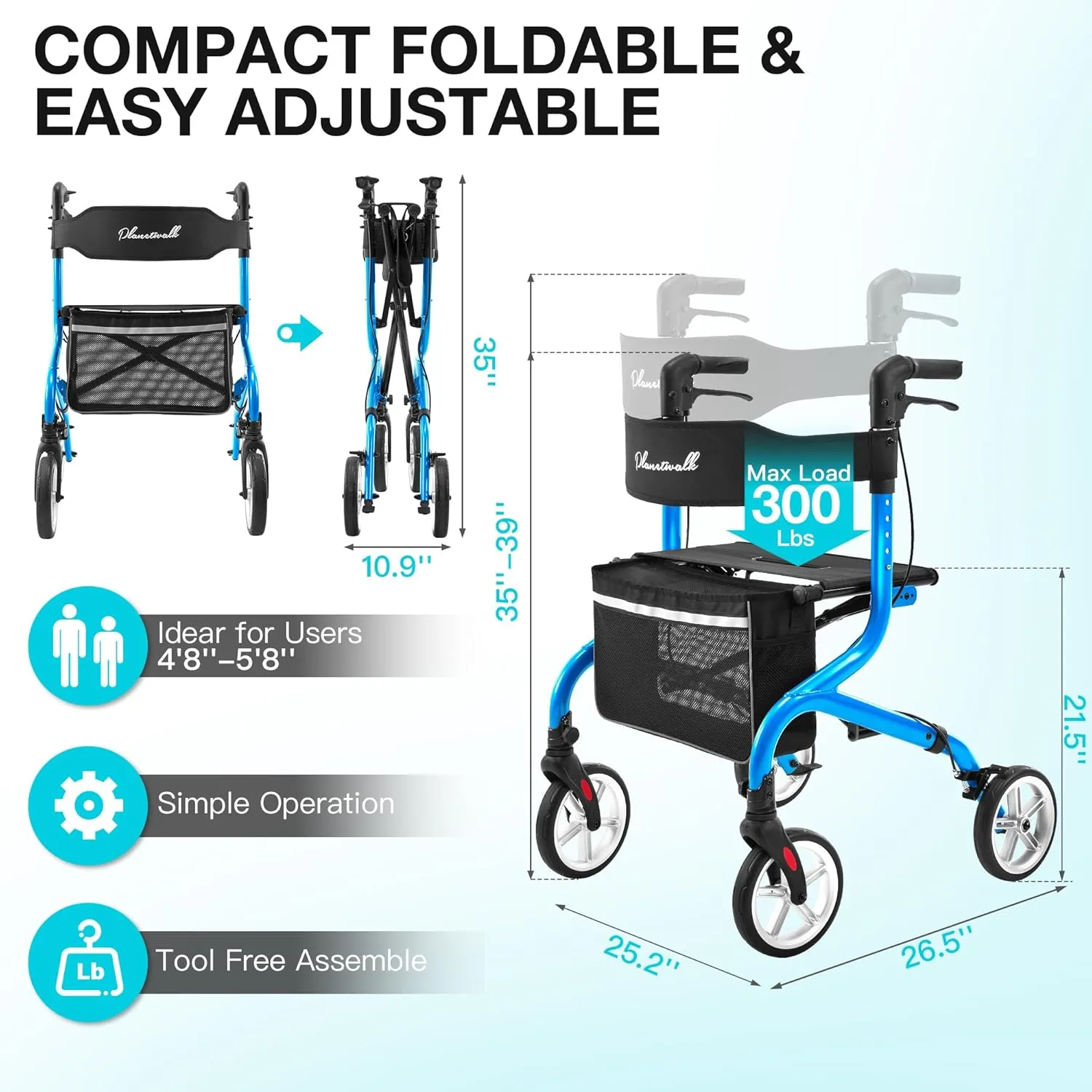 Super Lightweight Rollator Walker for Seniors, Foldable Rolling Walker with Seat and 8" Rubber Wheels for All Terrain, Unique Design Aluminium Frame Sturdy Walkers for Traveling - Blue