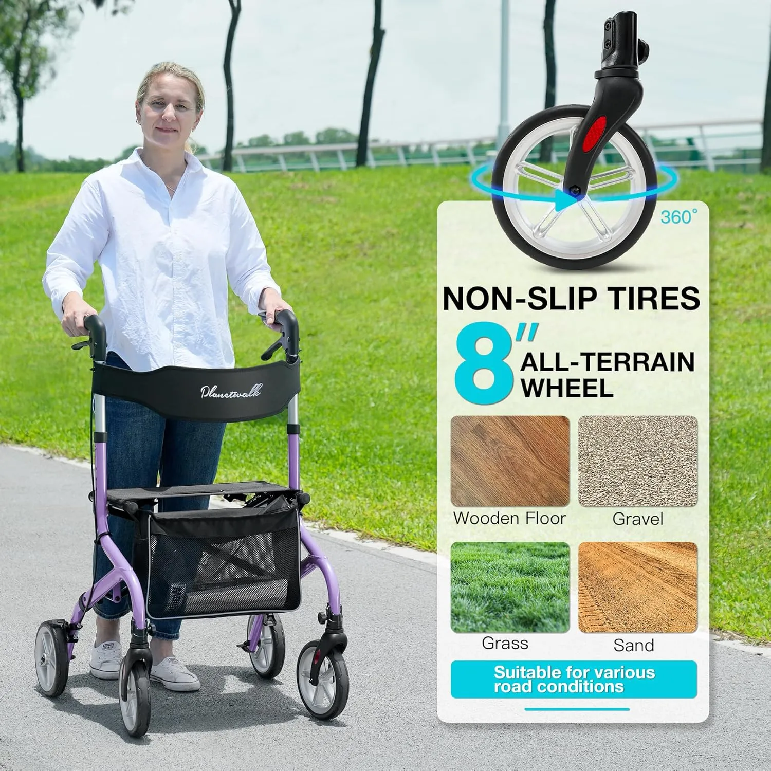 Super Lightweight Rollator Walker for Seniors, Foldable Rolling Walker with Seat and 8" Rubber Wheels for All Terrain, Unique Design Aluminium Frame Sturdy Walkers for Traveling - Purple