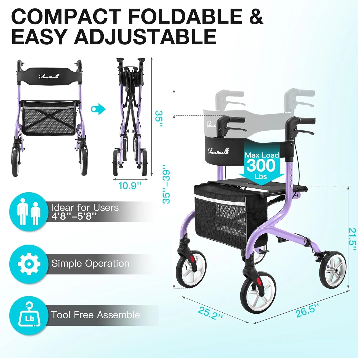 Super Lightweight Rollator Walker for Seniors, Foldable Rolling Walker with Seat and 8" Rubber Wheels for All Terrain, Unique Design Aluminium Frame Sturdy Walkers for Traveling - Purple