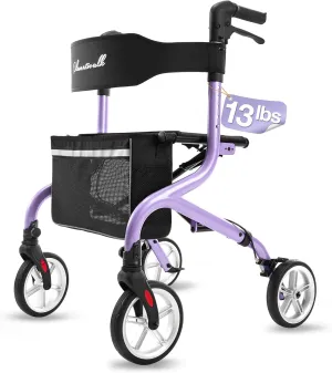 Super Lightweight Rollator Walker for Seniors, Foldable Rolling Walker with Seat and 8" Rubber Wheels for All Terrain, Unique Design Aluminium Frame Sturdy Walkers for Traveling - Purple
