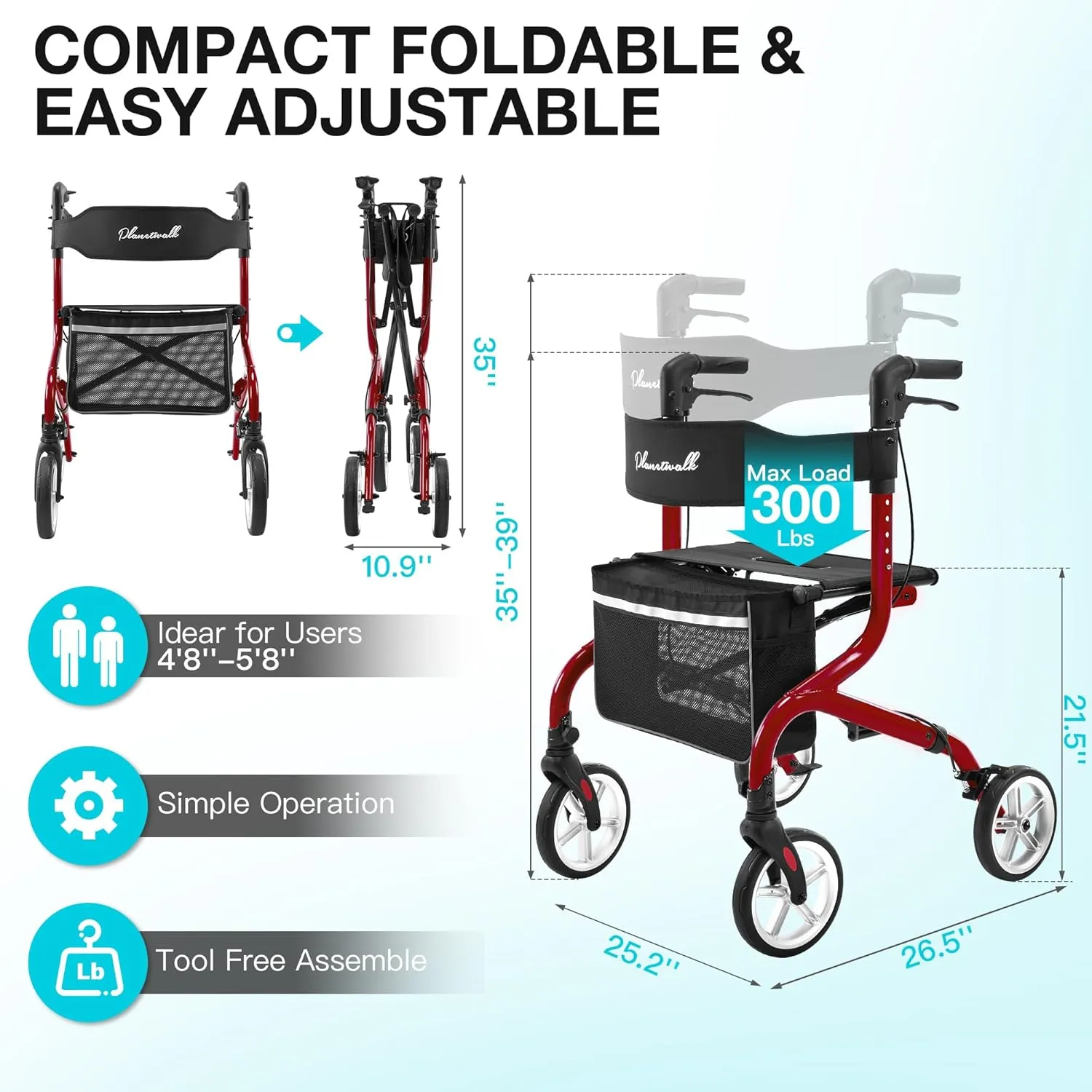 Super Lightweight Rollator Walker for Seniors, Foldable Rolling Walker with Seat and 8" Rubber Wheels for All Terrain, Unique Design Aluminium Frame Sturdy Walkers for Traveling - Red