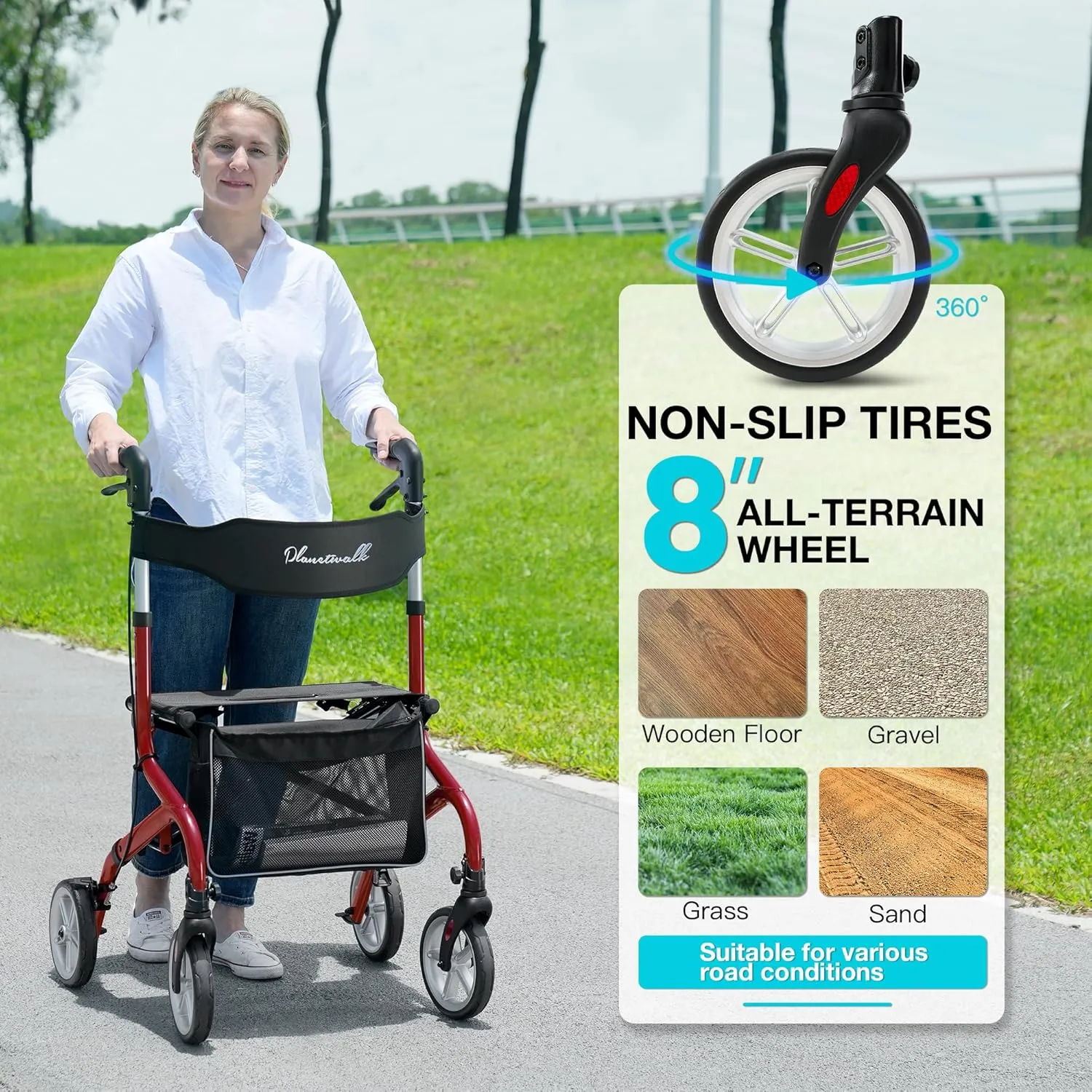 Super Lightweight Rollator Walker for Seniors, Foldable Rolling Walker with Seat and 8" Rubber Wheels for All Terrain, Unique Design Aluminium Frame Sturdy Walkers for Traveling - Red