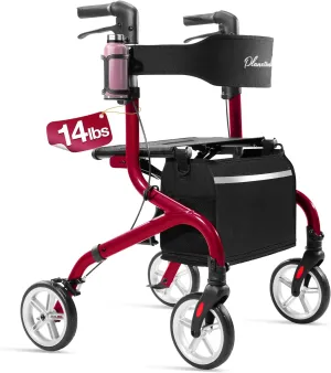 Super Lightweight Rollator Walker for Seniors, Foldable Rolling Walker with Seat and 8" Rubber Wheels for All Terrain, Upgraded Height Adjustment Button with Cup Holder, Red