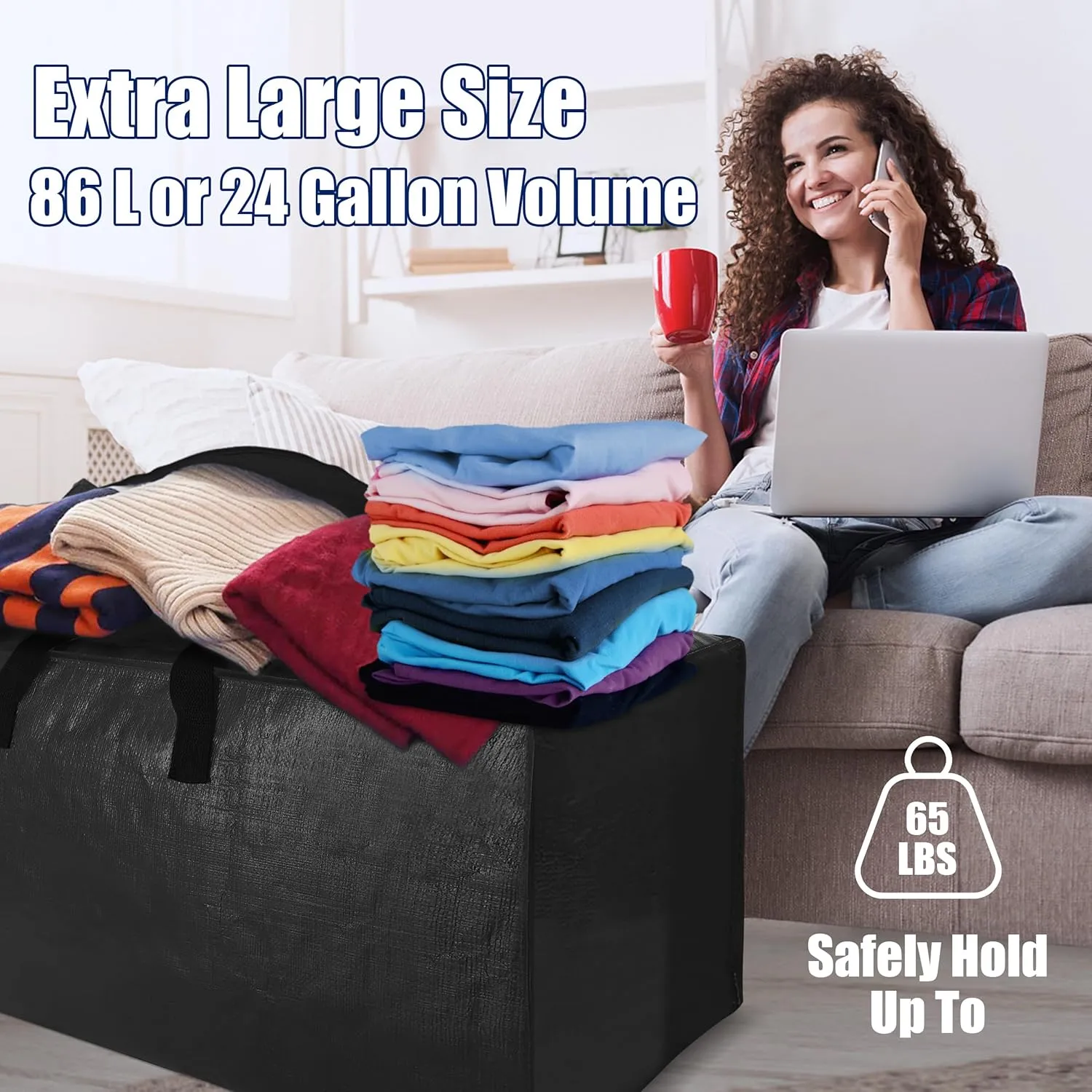 SWEET DOLPHIN 6 Pack Extra Large Moving Bags with Strong Zippers & Carrying Handles, Heavy Duty Storage Tote for Space Saving Moving Storage, Fold Flat, Alternative to Moving Box, Black