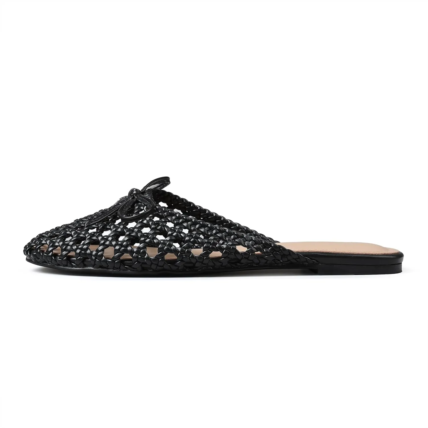 Synchoiss Woven Flat Sandals for Women Slip on Mesh Flats with Bow Knot Decoration Round Toe Espadrilles Slides Summer Mules Trendy