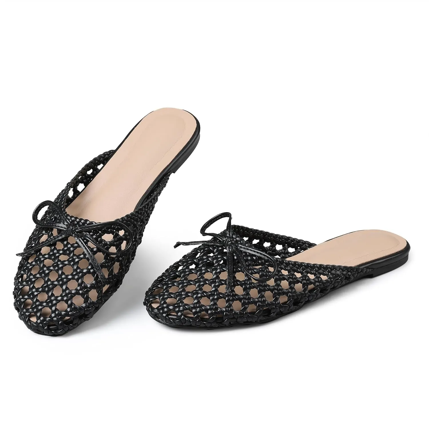 Synchoiss Woven Flat Sandals for Women Slip on Mesh Flats with Bow Knot Decoration Round Toe Espadrilles Slides Summer Mules Trendy