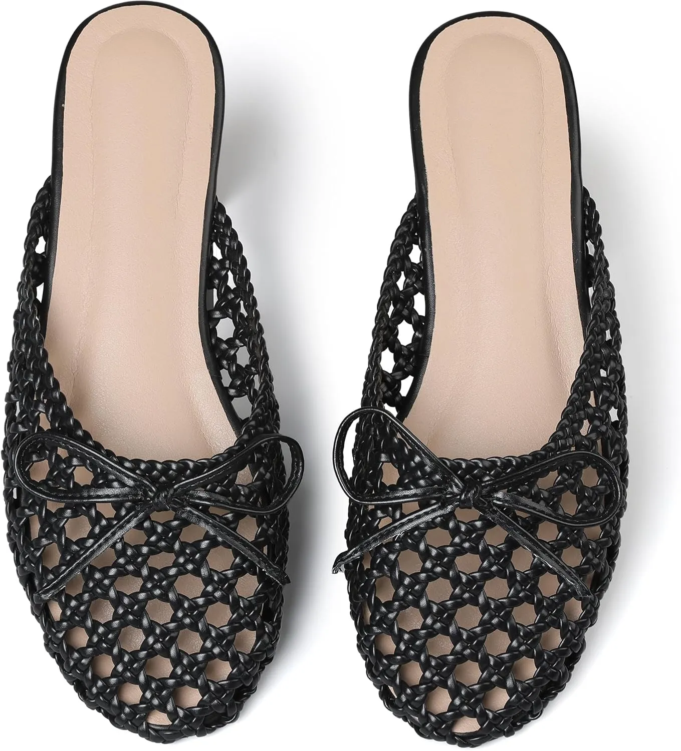 Synchoiss Woven Flat Sandals for Women Slip on Mesh Flats with Bow Knot Decoration Round Toe Espadrilles Slides Summer Mules Trendy