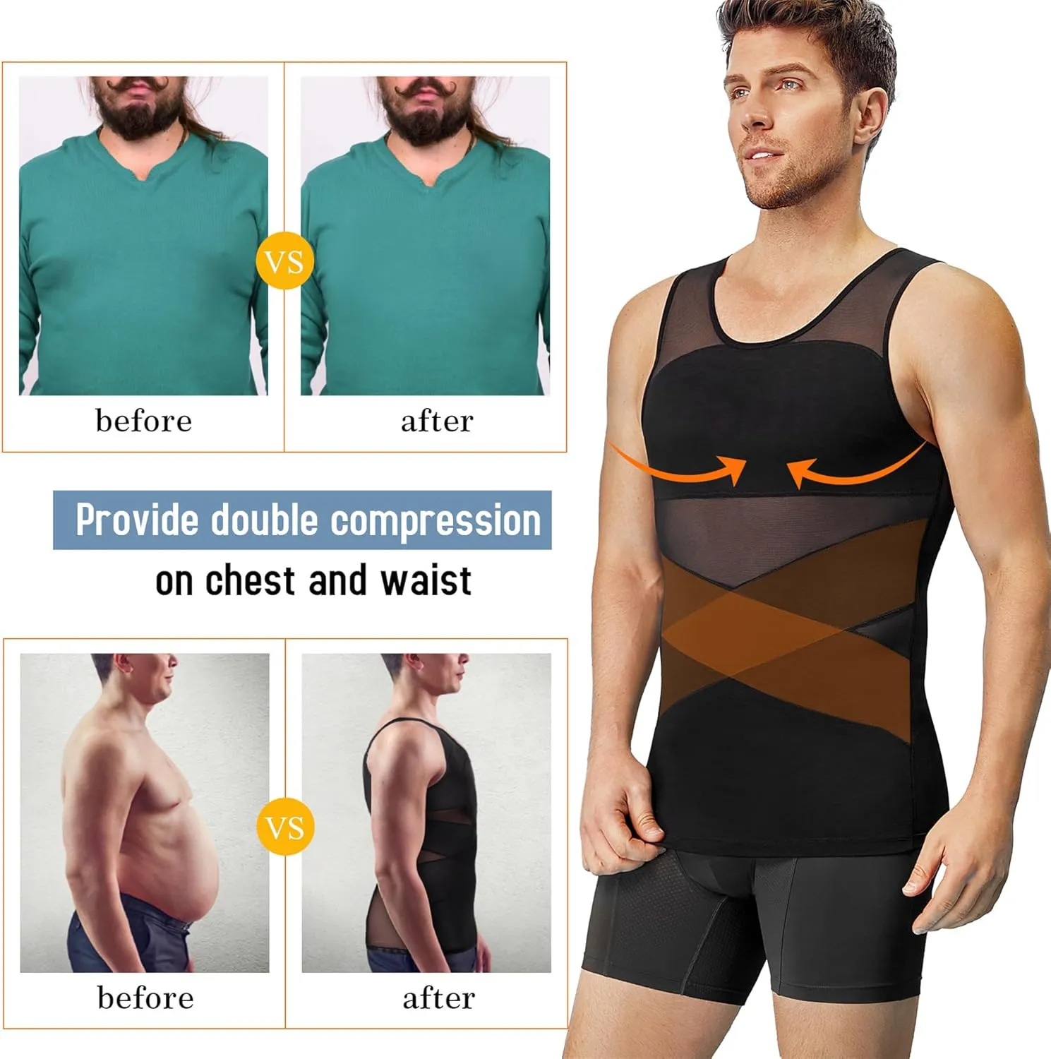 TAILONG Men's Compression Shirt for Body Shaper Slimming Vest Tight Tummy Underwear Tank Top