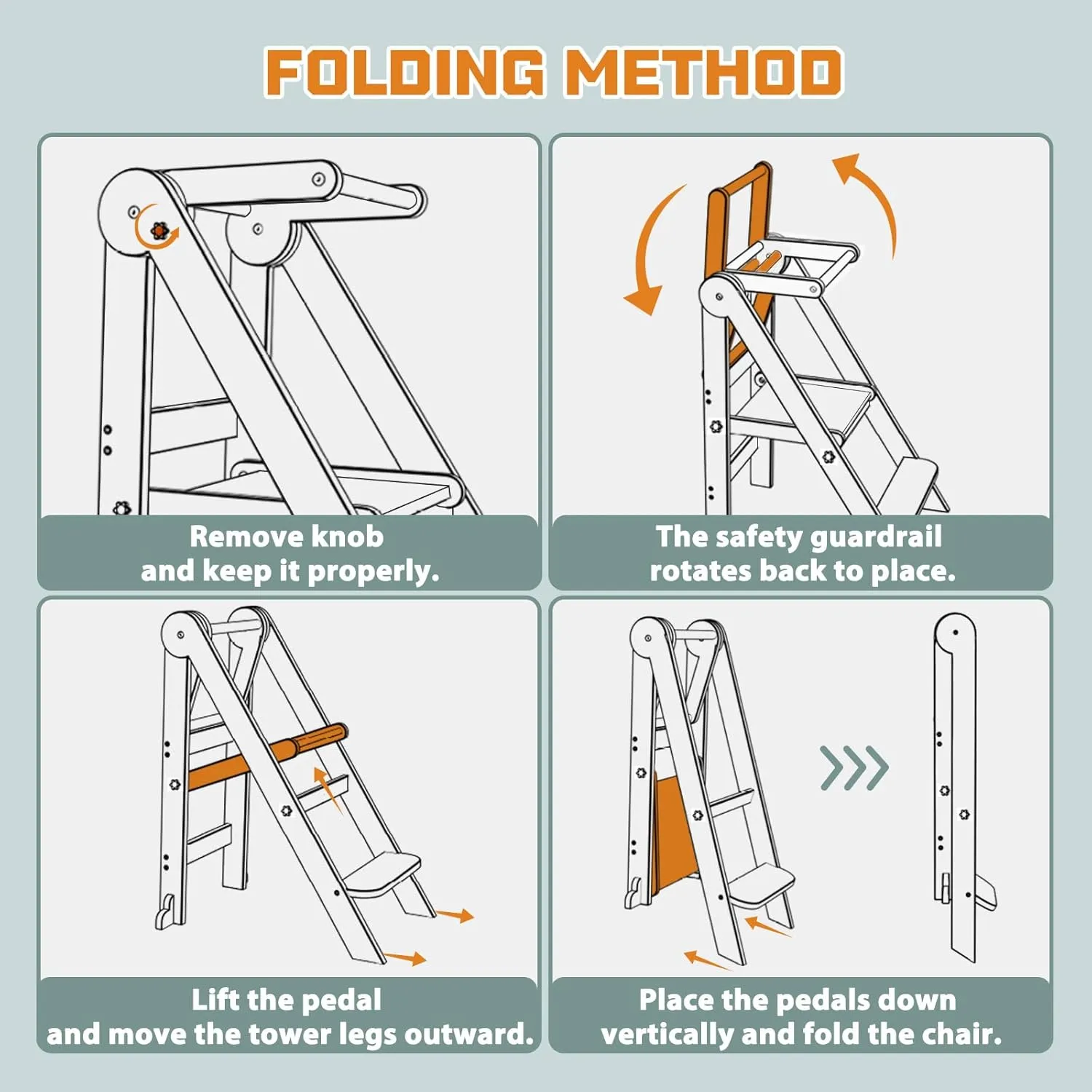 Taleco Gear Foldable Toddler Kitchen Stool Helper, 3 Adjustable Heights Wooden Kids Helper Tower - Collapsible Toddler Stool for Bathroom & Kitchen Safety (Nature)
