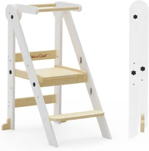 Taleco Gear Foldable Toddler Kitchen Stool Helper, 3 Adjustable Heights Wooden Kids Helper Tower - Collapsible Toddler Stool for Bathroom & Kitchen Safety (Nature)