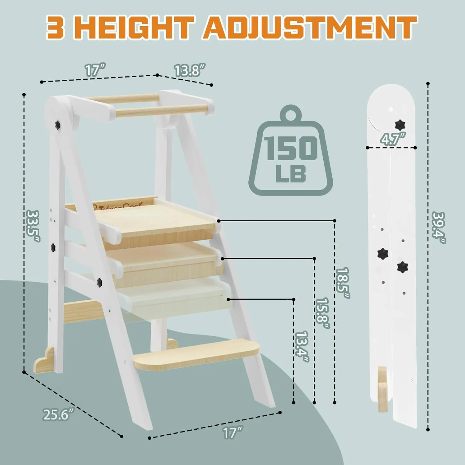 Taleco Gear Foldable Toddler Kitchen Stool Helper, 3 Adjustable Heights Wooden Kids Helper Tower - Collapsible Toddler Stool for Bathroom & Kitchen Safety (Nature)