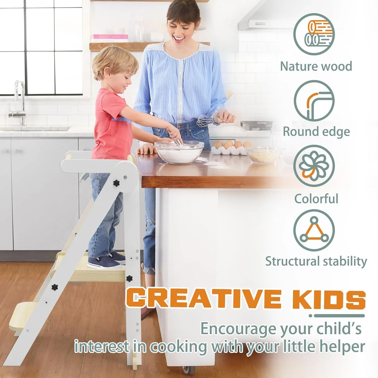Taleco Gear Foldable Toddler Kitchen Stool Helper, 3 Adjustable Heights Wooden Kids Helper Tower - Collapsible Toddler Stool for Bathroom & Kitchen Safety (Nature)
